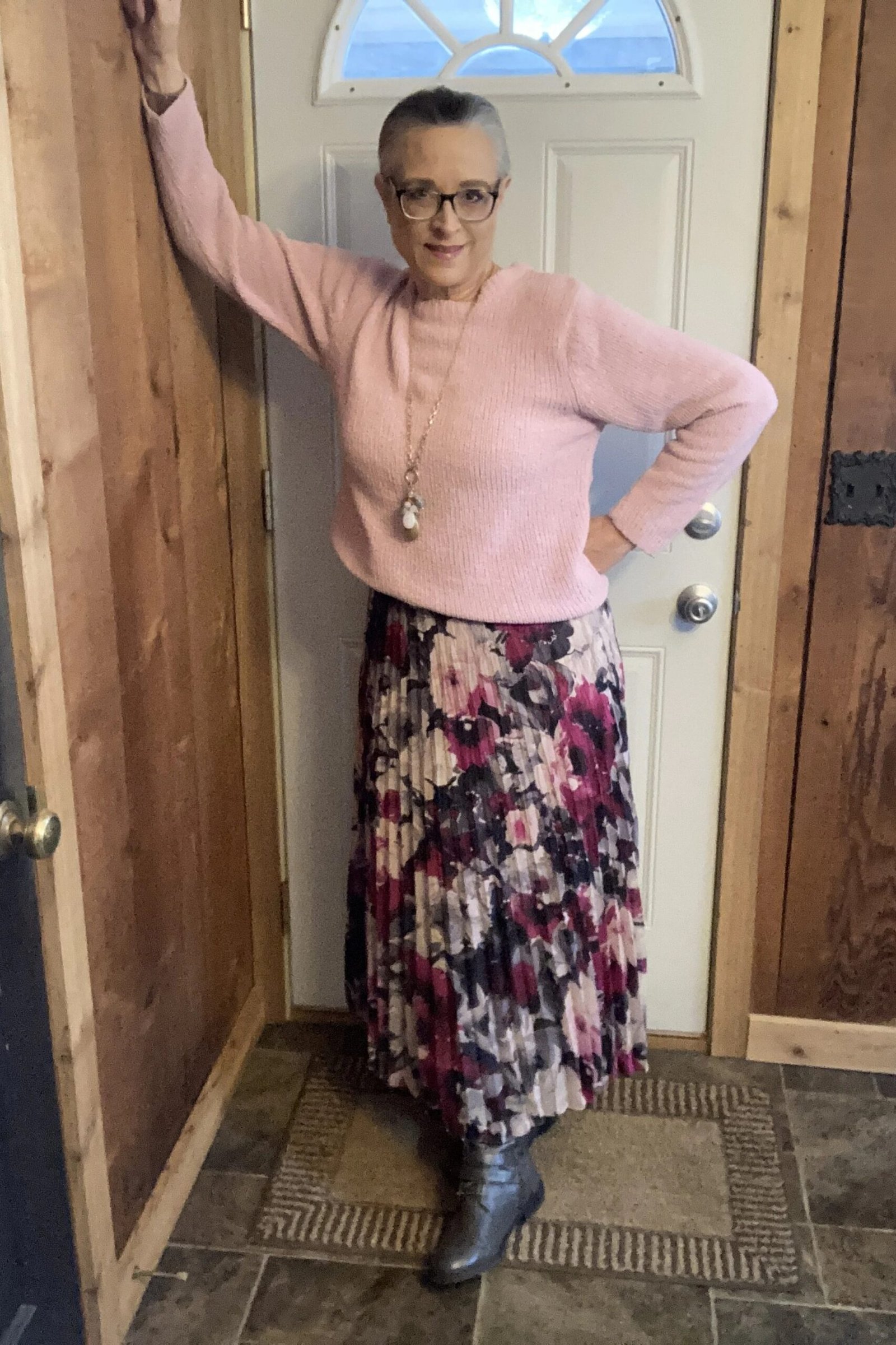 pink sweater with burgundy floral pleated midi skirt church outfit for women over 60