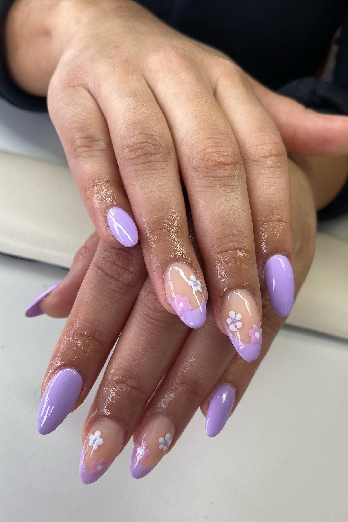 Lilac Almond with Tiny Florals - elegant nail art idea for mature hands, women over 50