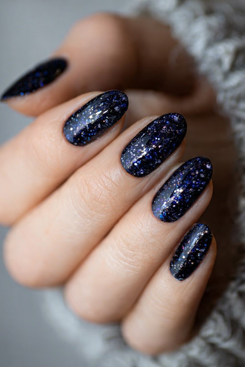 Midnight Navy Galaxy Nails - navy galaxy almond, glitter winter nail design for women over 60