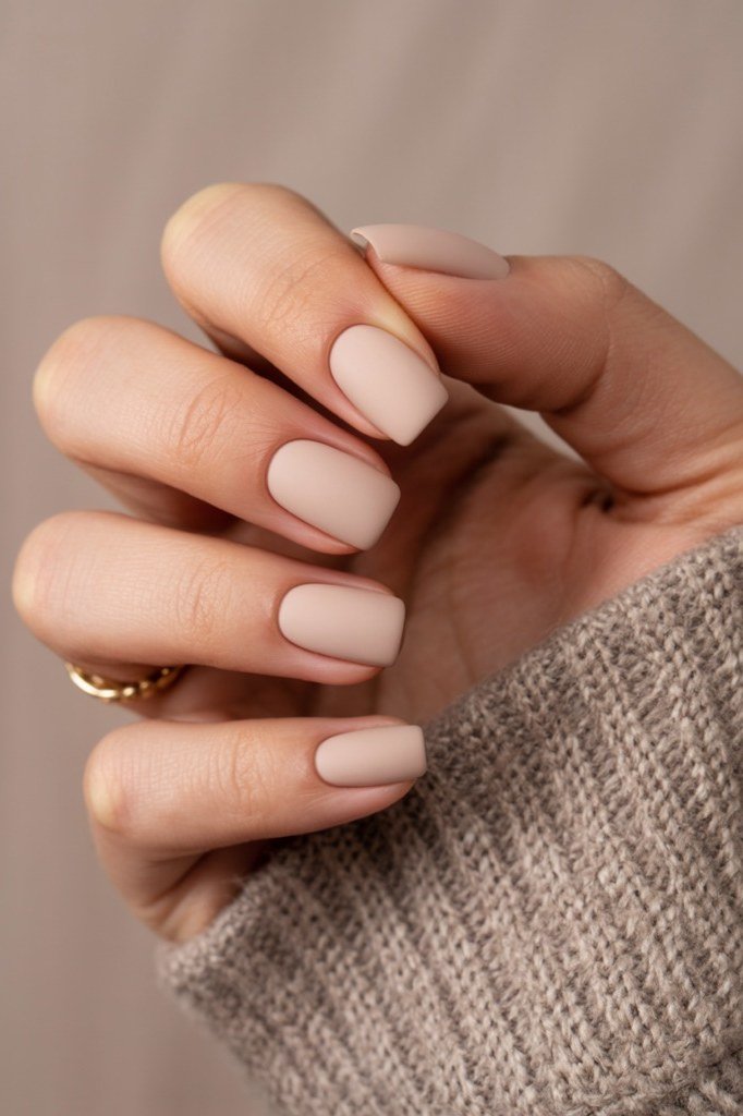 Matte Pale Nude Short Oval Sweater - elegant nude nail design for women over 60