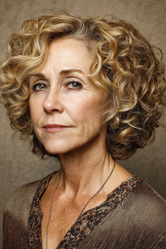 Honey blonde curly bixie haircut front view for women over 60
