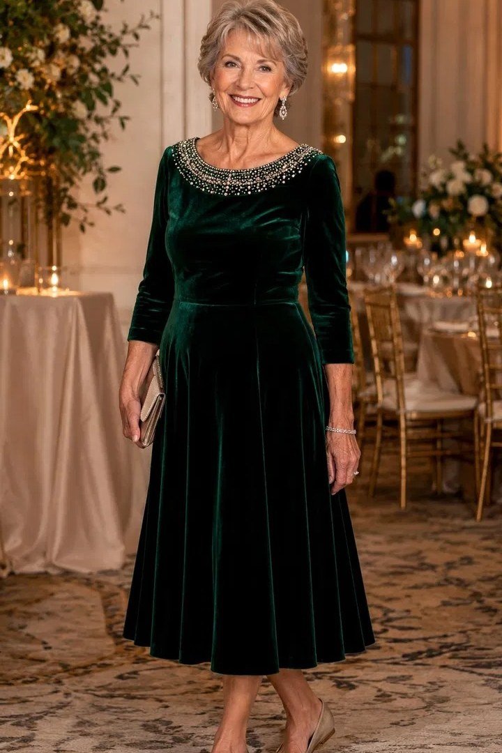 emerald velvet midi, older woman, elegant cocktail dress for women over 60