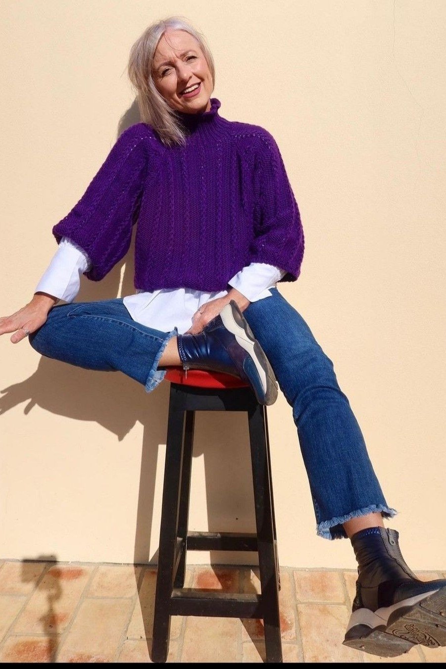 purple chunky knit sweater white shirt cropped jeans ankle boots women over 50