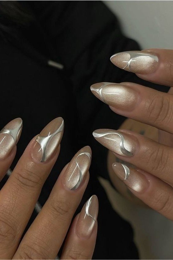 Gold Swirl Art on Almond Nails - chrome nail designs for women over 60