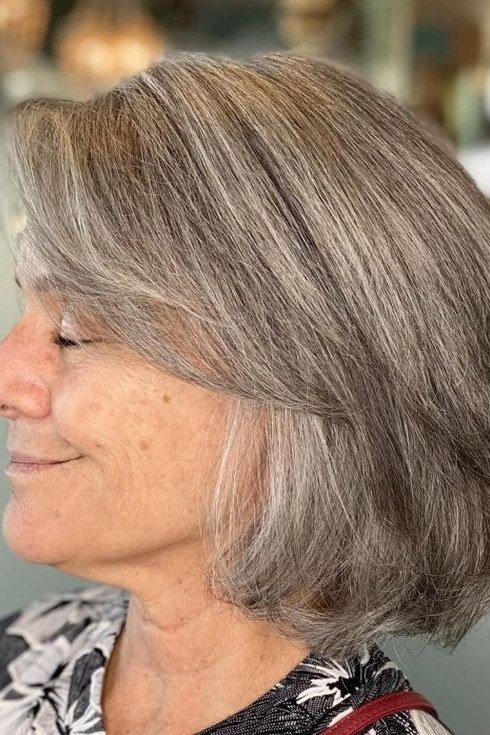Grey Medium Bob in a Sleek Profile, medium hairstyle for women over 70