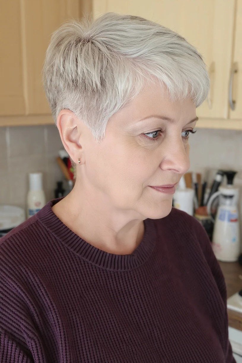 White feathered pixie in kitchen, side view