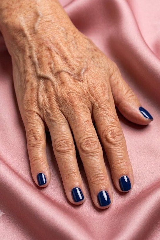 Navy Glossy Nails on Pink Silk for women over 60