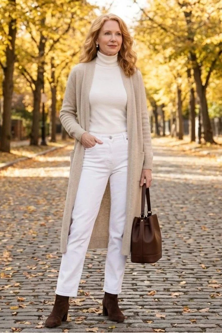 Woman over 50 wearing beige cardigan with white jeans and boots, everyday casual outfit idea