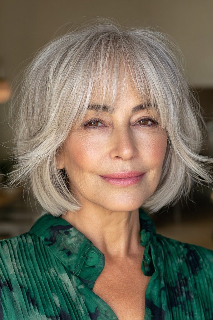 silver bob with full bangs textured ends - textured bob haircut idea for women over 60