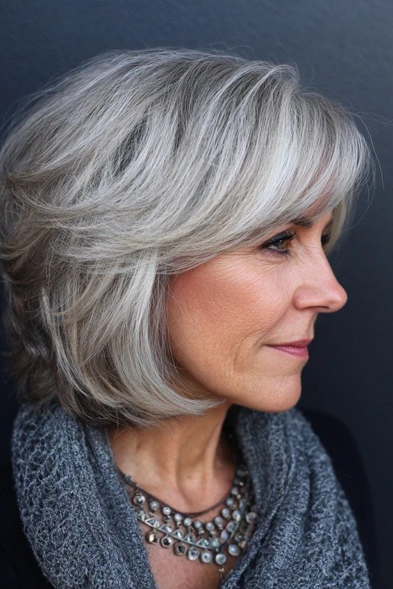 Silver Layered Lob with Bangs - layered lob hairstyle for women over 60