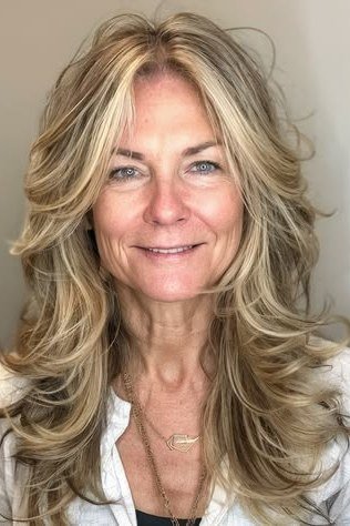 Blonde Wavy Butterfly Layers - butterfly cut hairstyle for women over 60