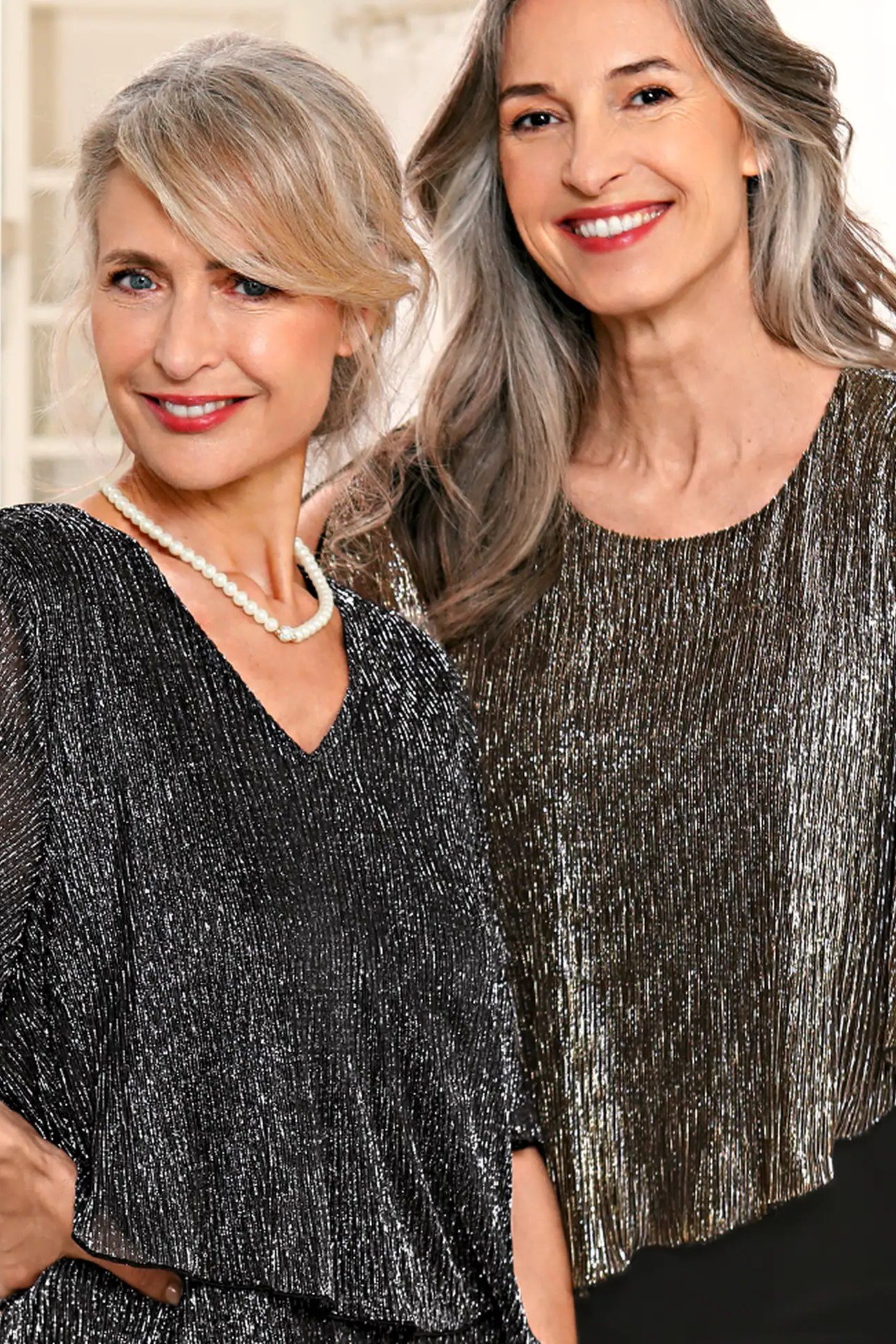 holiday evening outfit for women over 60: friends in sequin tops holiday party
