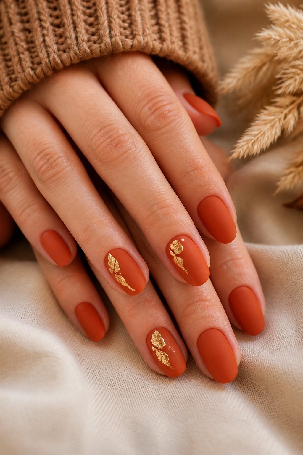 27. Rust Red Nails With Gold Foil - Thanksgiving nail art idea for women over 50