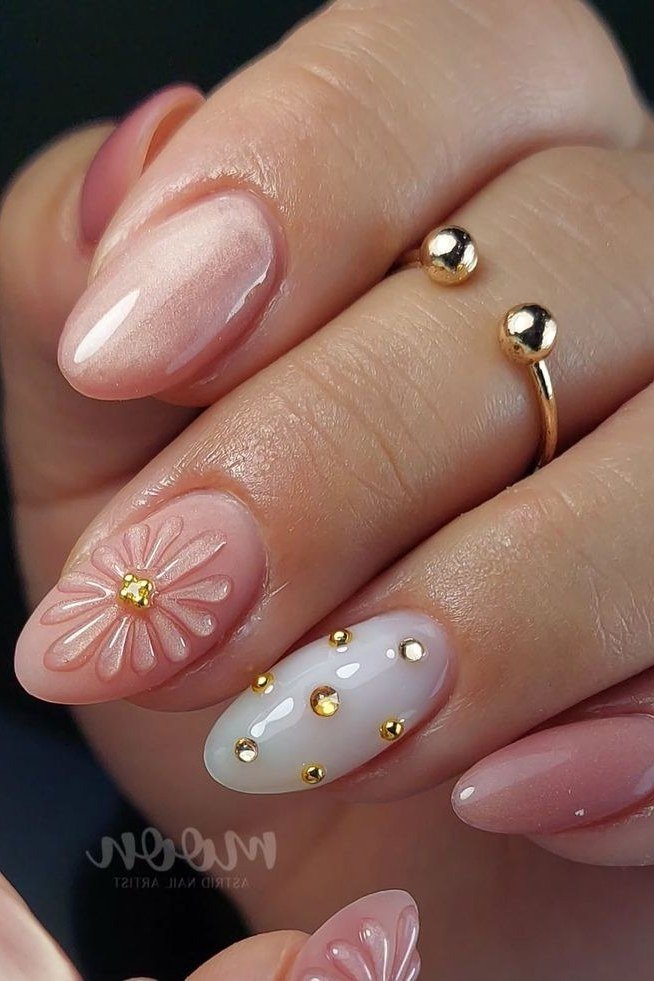 Nude Pink Nails with Daisy Art - pearl finish nail idea for women over 60