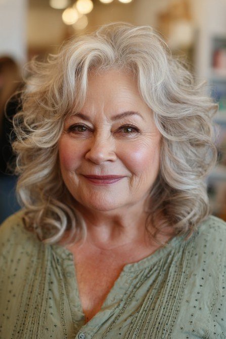 White curly medium cut with defined spiral curls for women over 60