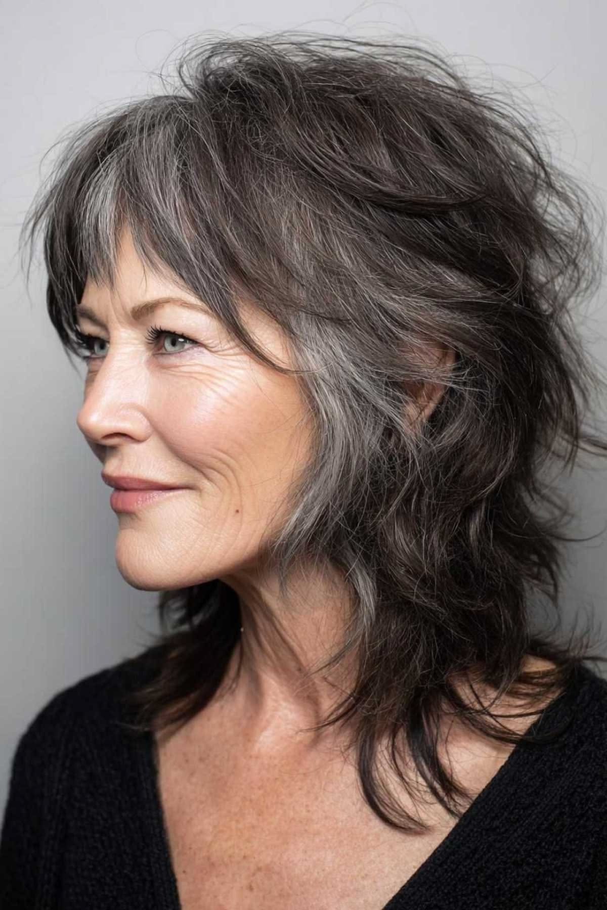 Dark Silver Tousled Shag Lob - medium hairstyle for women over 60