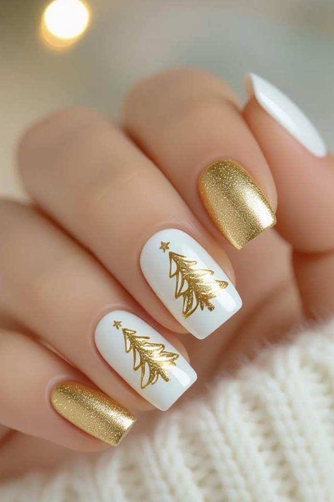 White and gold nails with gold Christmas tree art - classy Christmas nail idea for women over 70