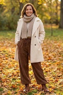 Cream Coat with Brown Wide-Leg Pants - fall outfit for women over 40