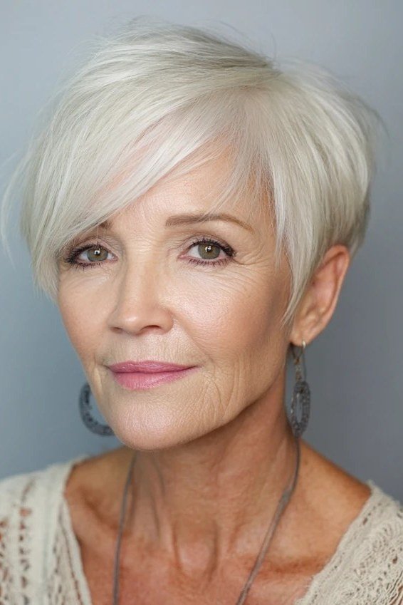 White pixie with fringe, front view, micro pixie cut for women over 60 going silver