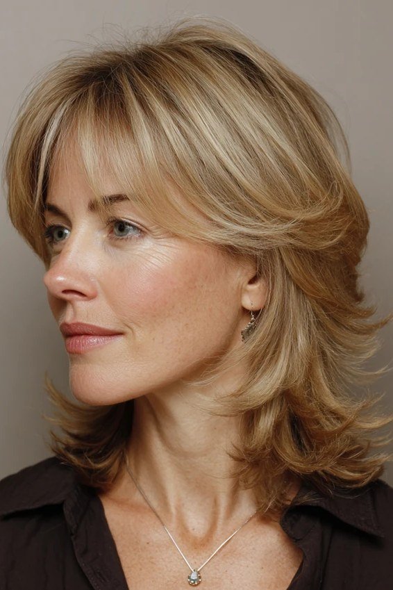 Textured shaggy blonde layered medium-length hairstyle, side view, for women over 50