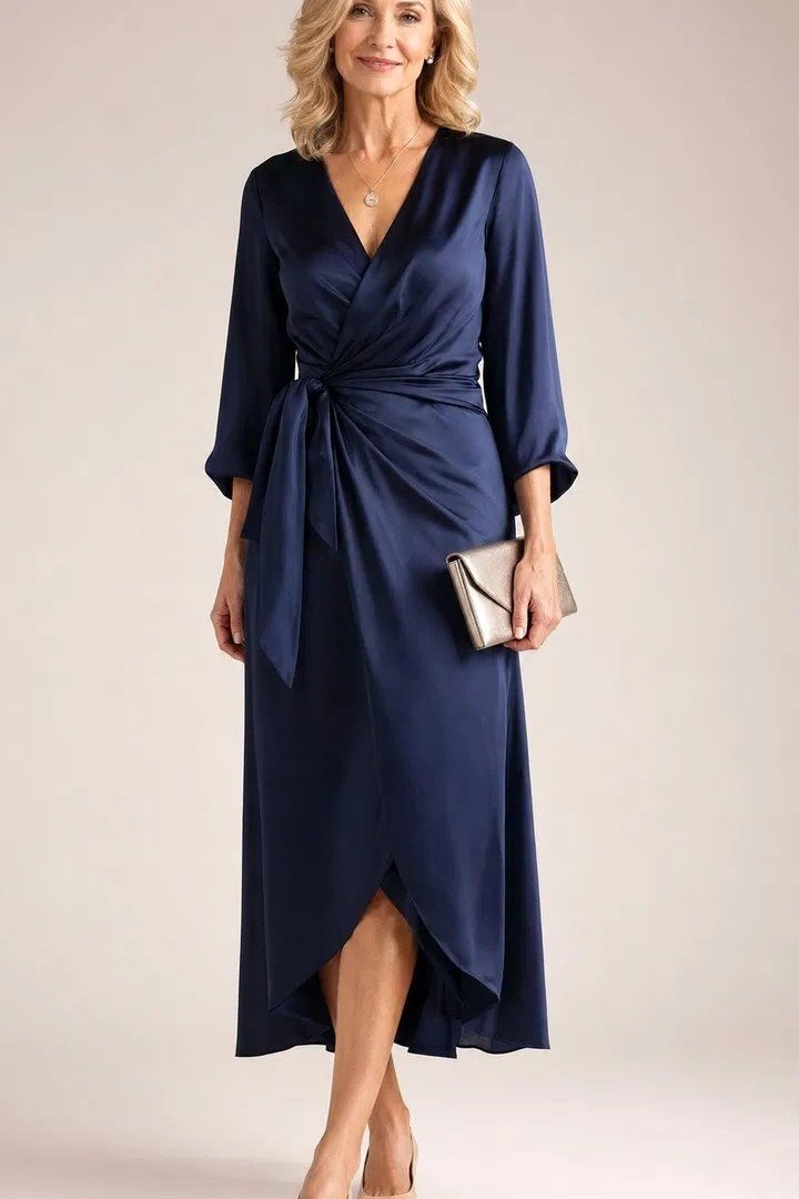 Navy wrap midi dress, nude clutch, studio, chic night out outfit for women over 50