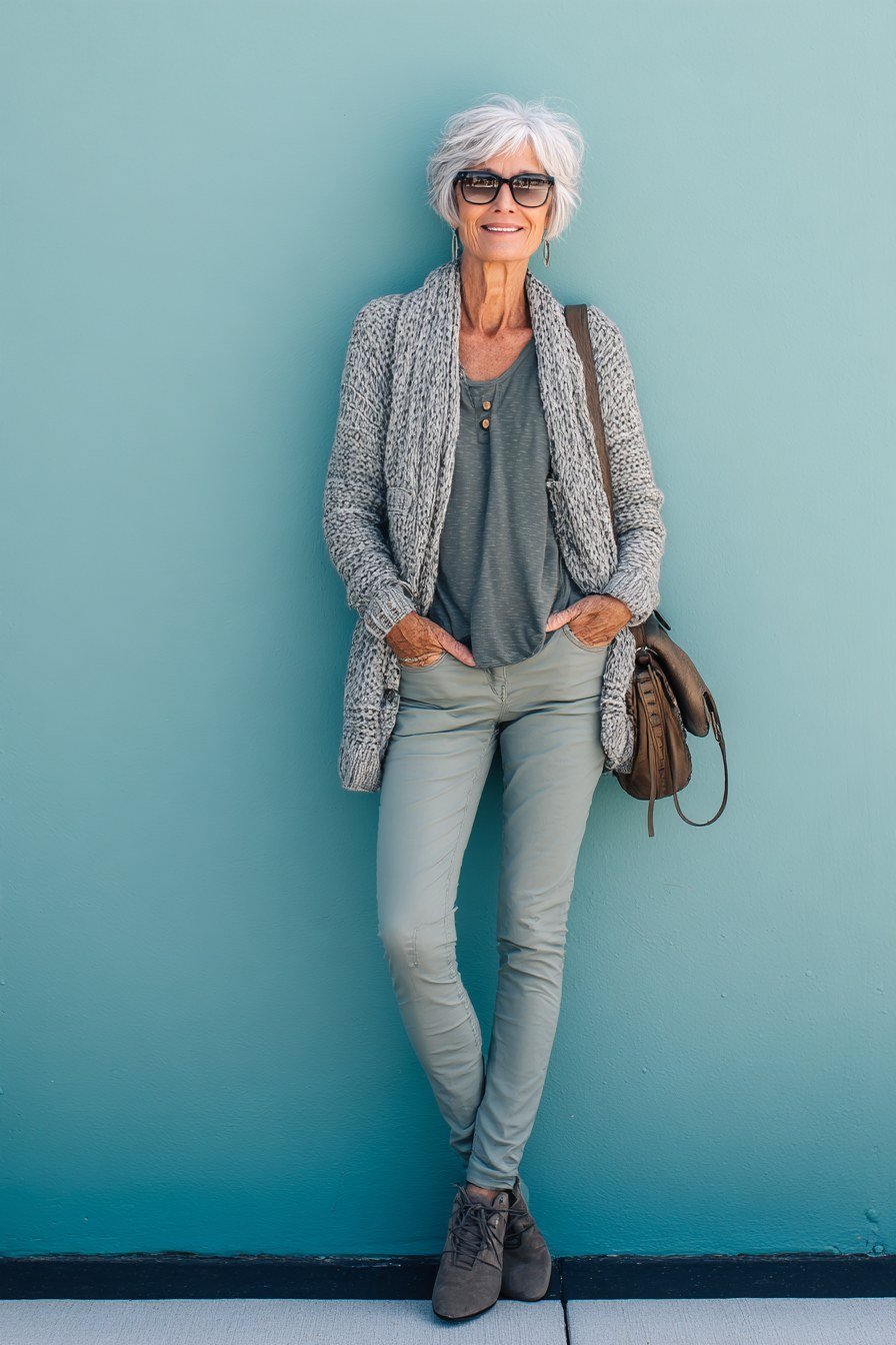 Woman over 50 wearing Grey cardigan with sage top and sage jeans against a teal wall.