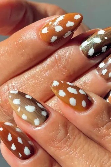 Caramel almond nails with white fawn spots short and neat fall nails