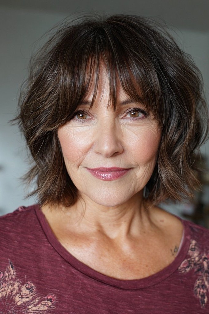 Dark brunette choppy shag bob with bangs for women over 60, front view