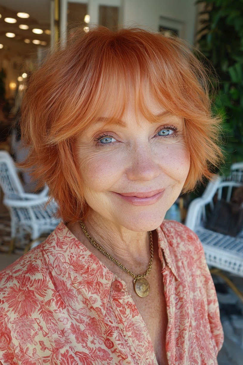 Copper shaggy french bob with wispy bangs and floral top