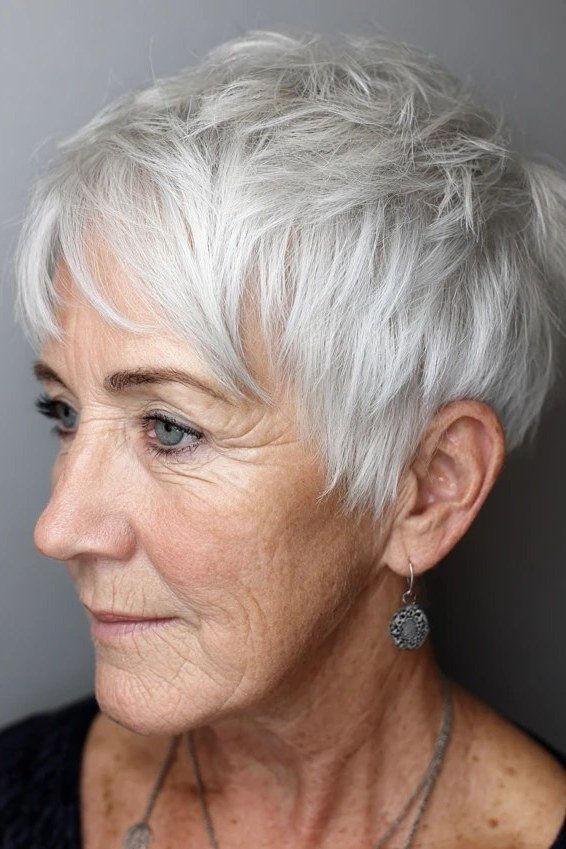 Soft White Pixie - grey hairstyle for women over 60