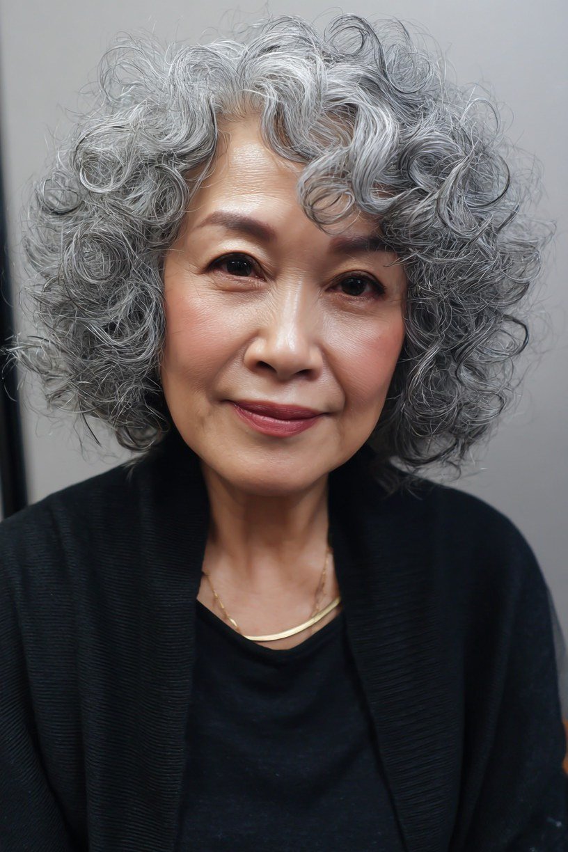 Grey Curly Bob - short curly hairstyle for women over 60
