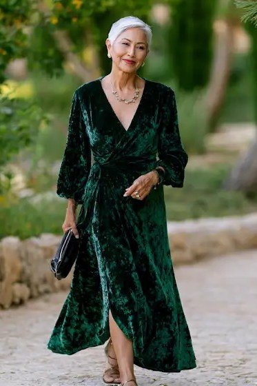 emerald velvet wrap dress for women over 60