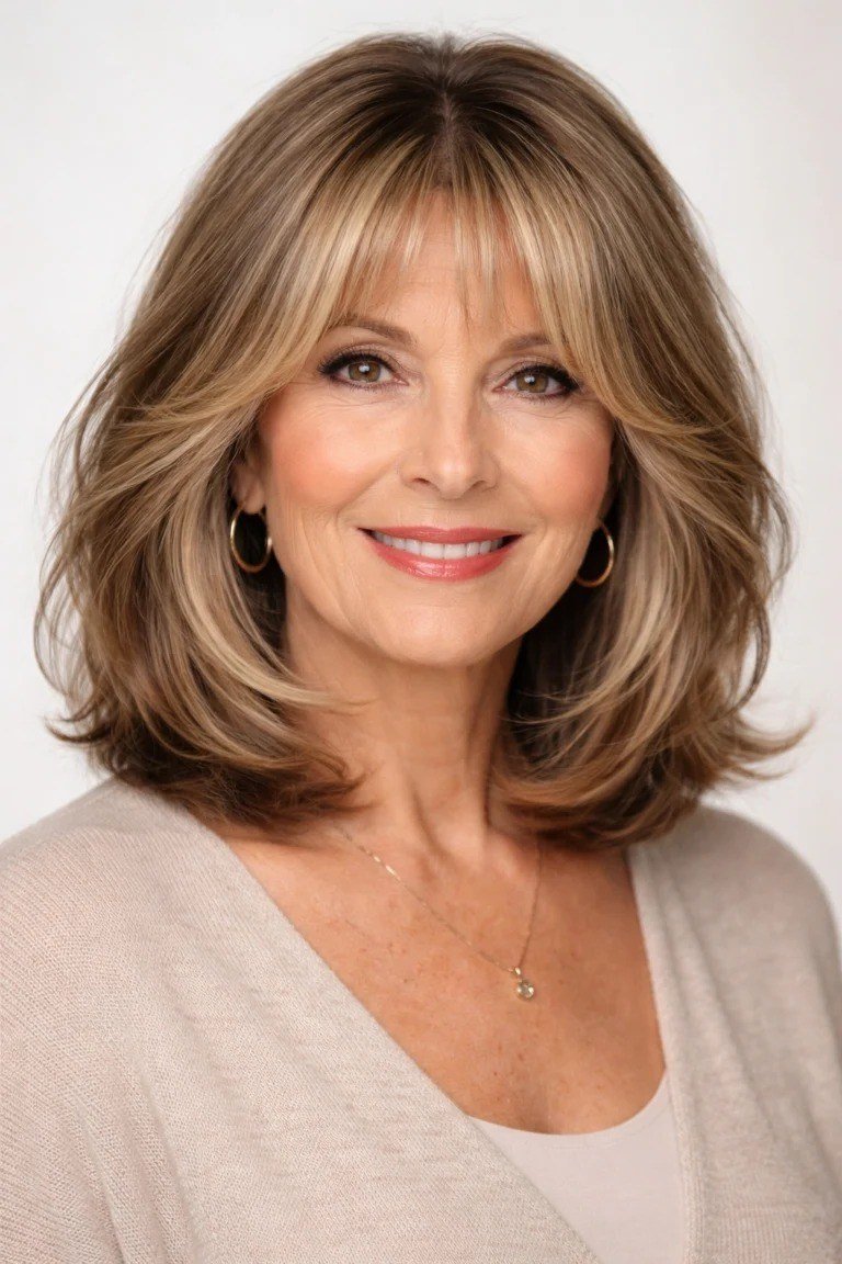 Blonde balayage layered lob with bangs for women over 60