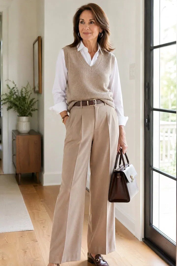 White shirt with a beige sweater vest and beige wide-leg trousers, preppy weekend outfit for women over 40