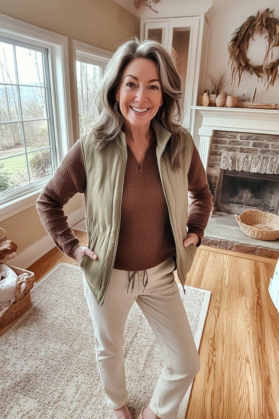 Olive quilted vest over brown top with cream jogger pants