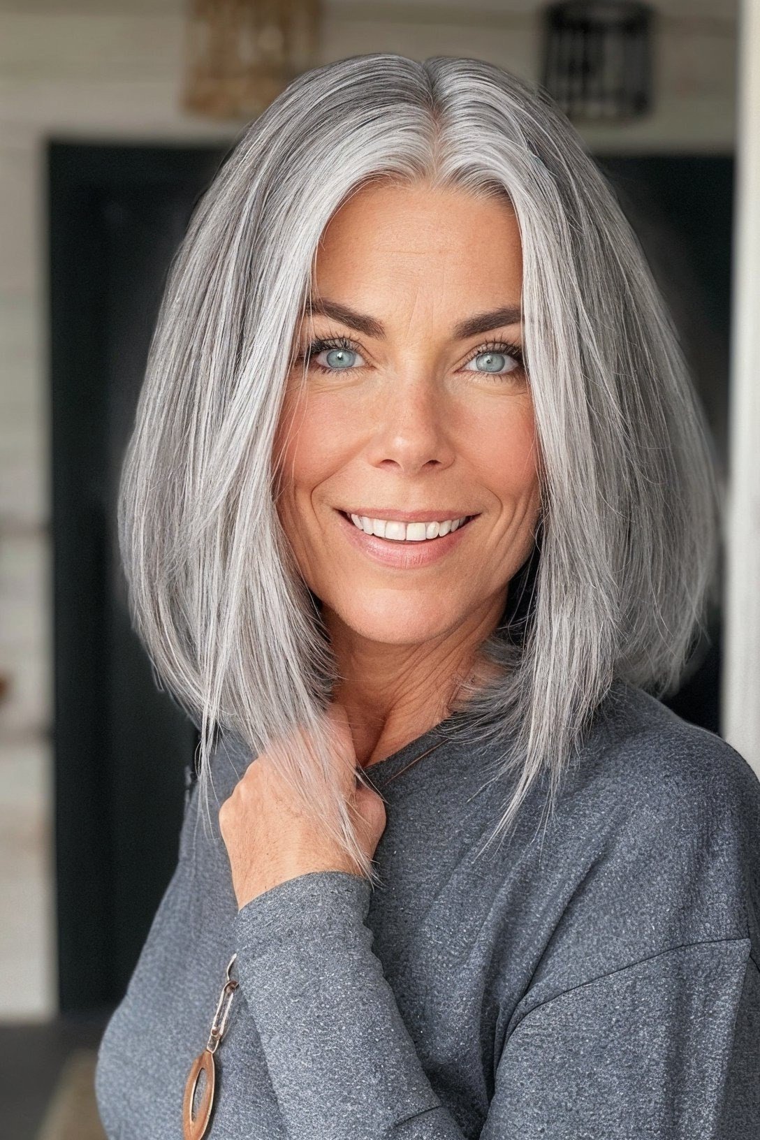 Silver straight lob, front view - wispy hairstyle for women over 40