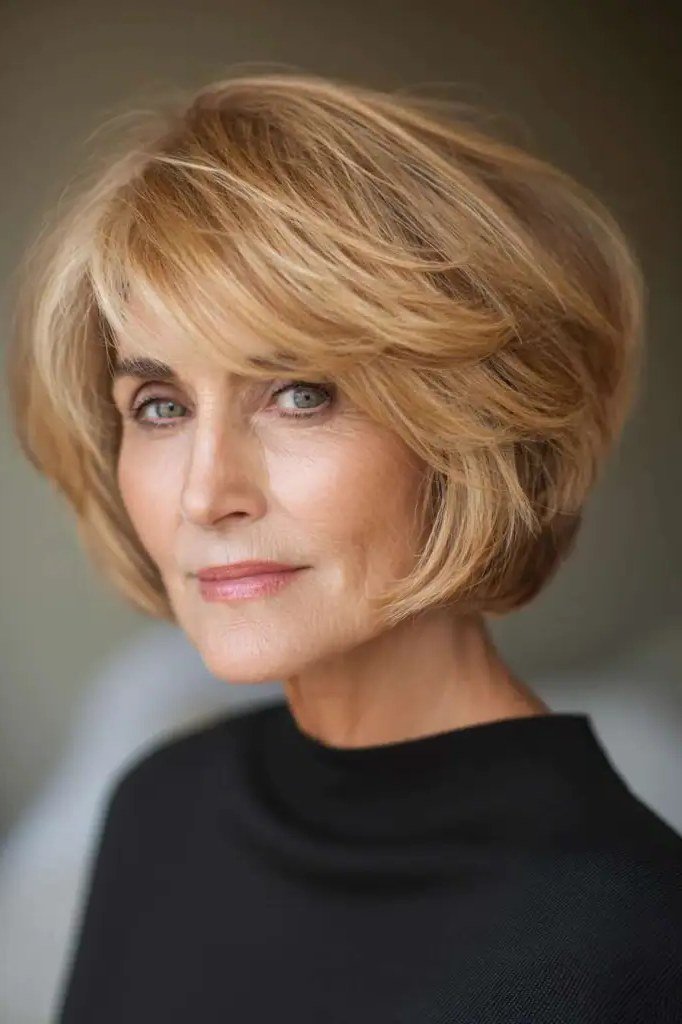 Honey-Blonde Layered Bob, layered hairstyle for women over 70