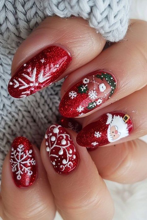 Red glitter with snowflake and santa art - Christmas nail design for older women