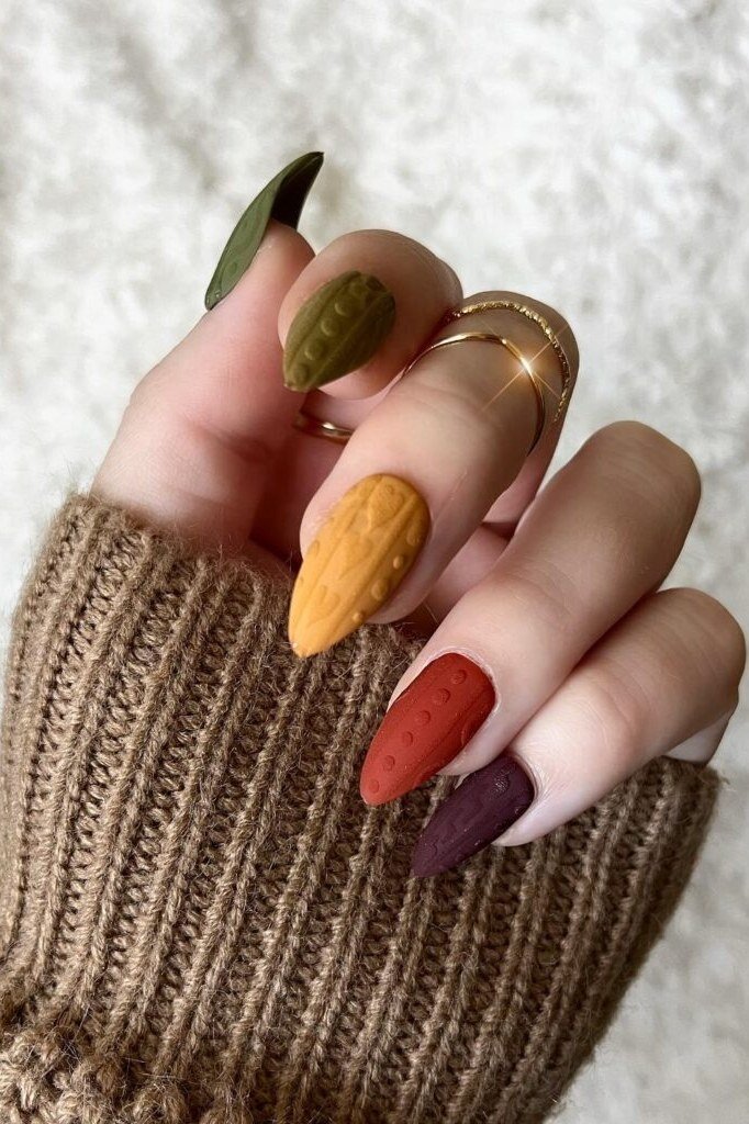 Multicolor textured fall nails, mustard rust and olive, fall nail design for older women