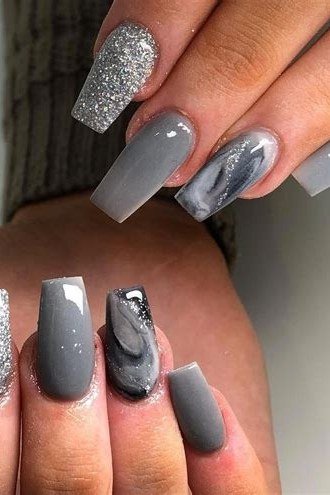 Gray ombre with silver glitter and marble accent, long coffin nails, ombre nail design for women over 60
