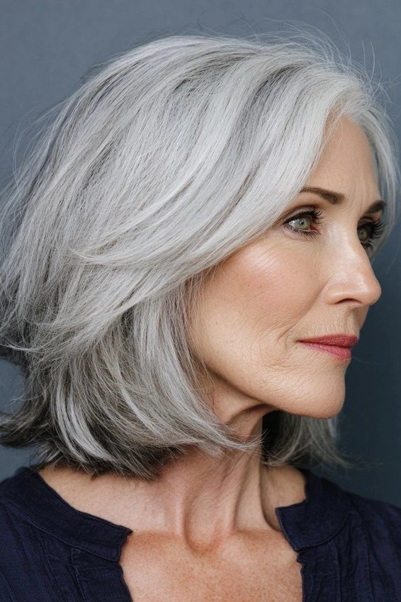 Silver Feathered Layered Bob for women over 70