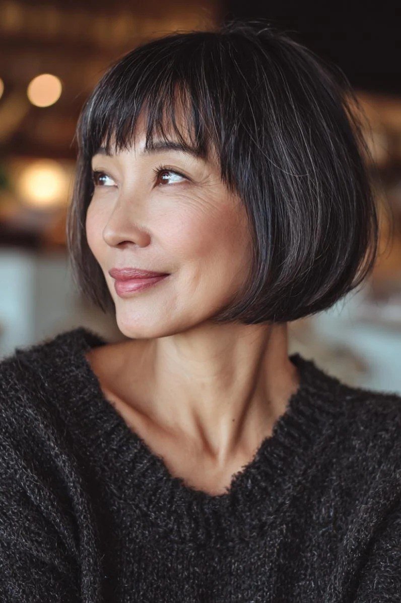 Black blunt bob haircut with bangs for women over 40