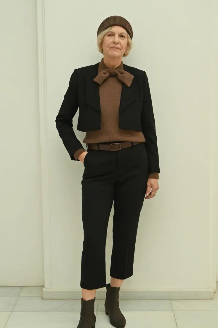 Stylish winter outfit for women over 60: brown turtleneck under black tailored suit with black boots