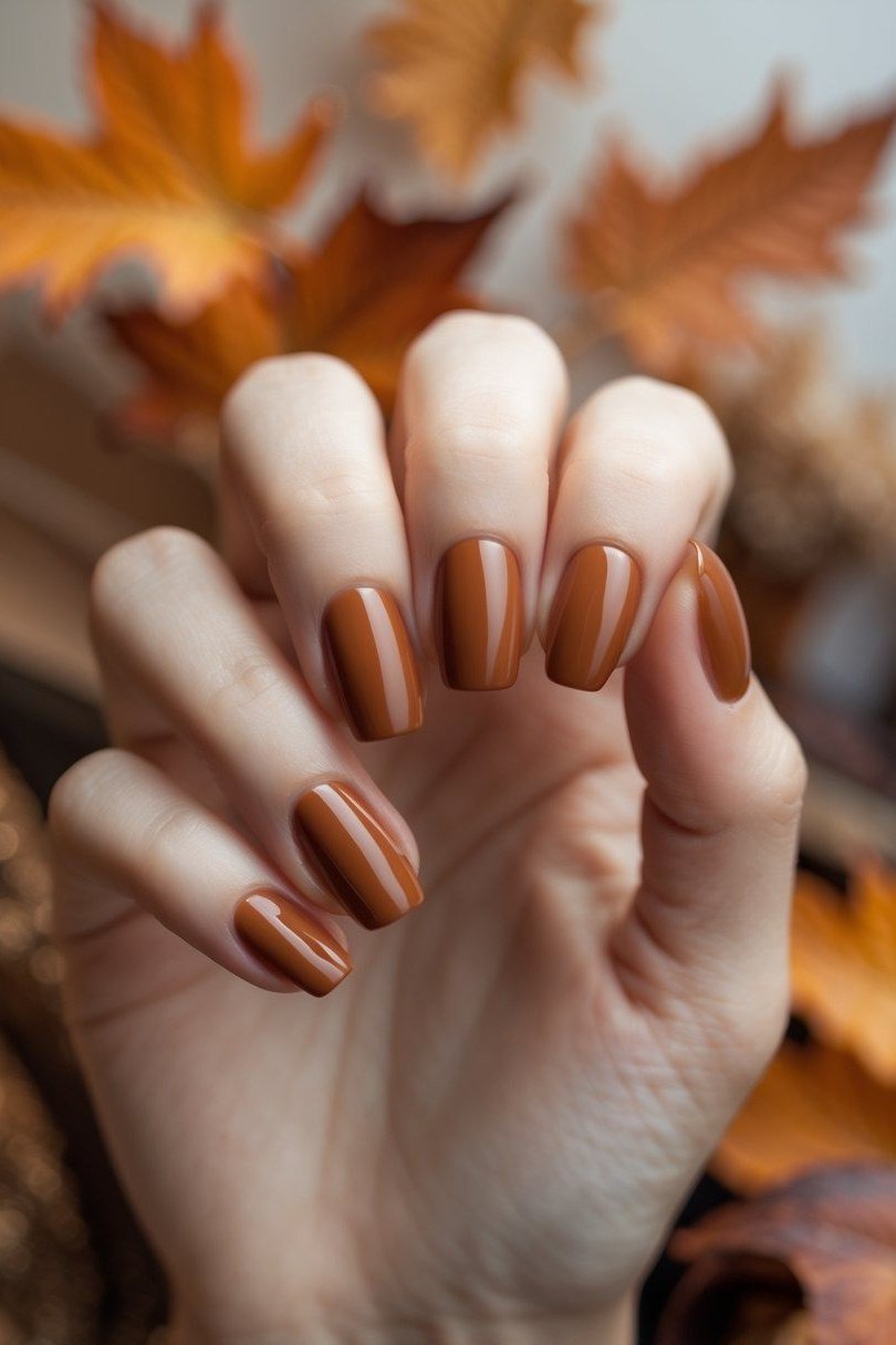 Caramel fall leaves nails, fall nail design for women over 60