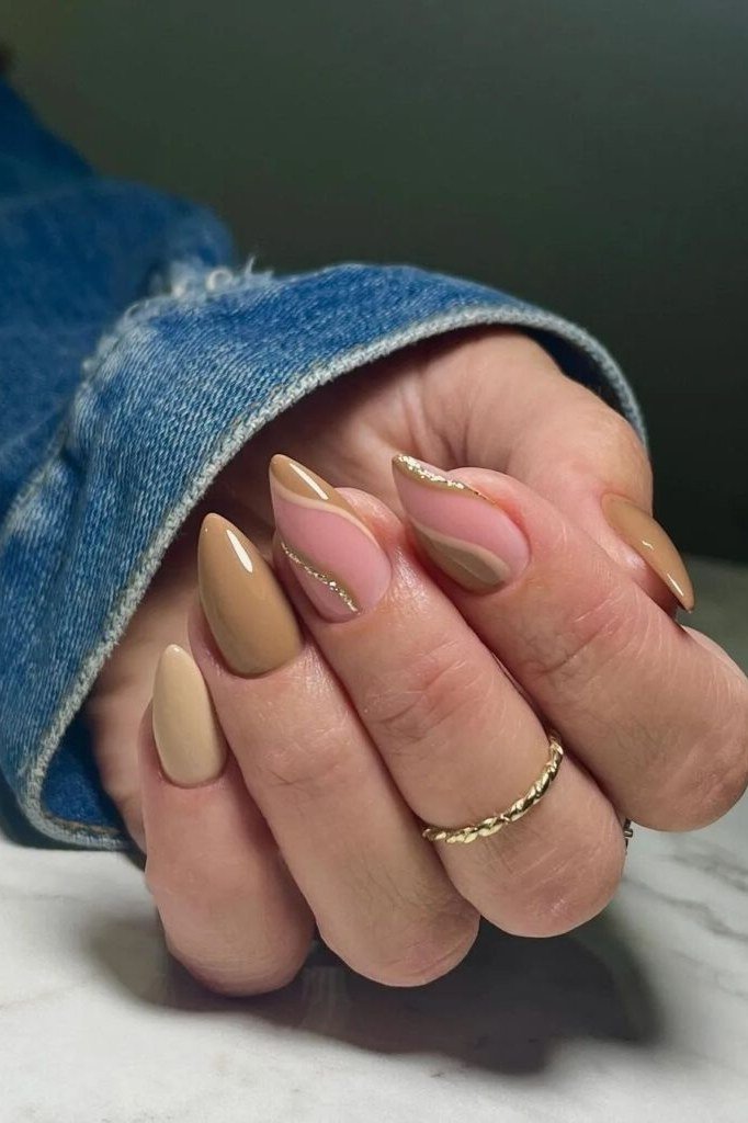 Camel beige almond glossy, elegant fall nail design for women over 40