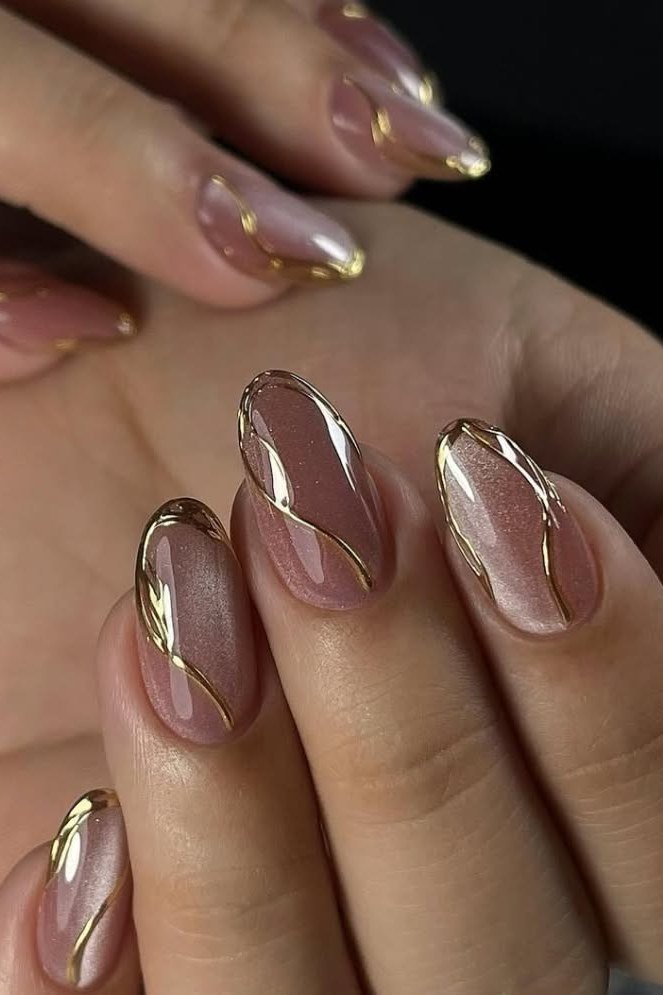 Mauve Nails with Gold Chrome Swirls, elegant mauve nail idea for women over 60