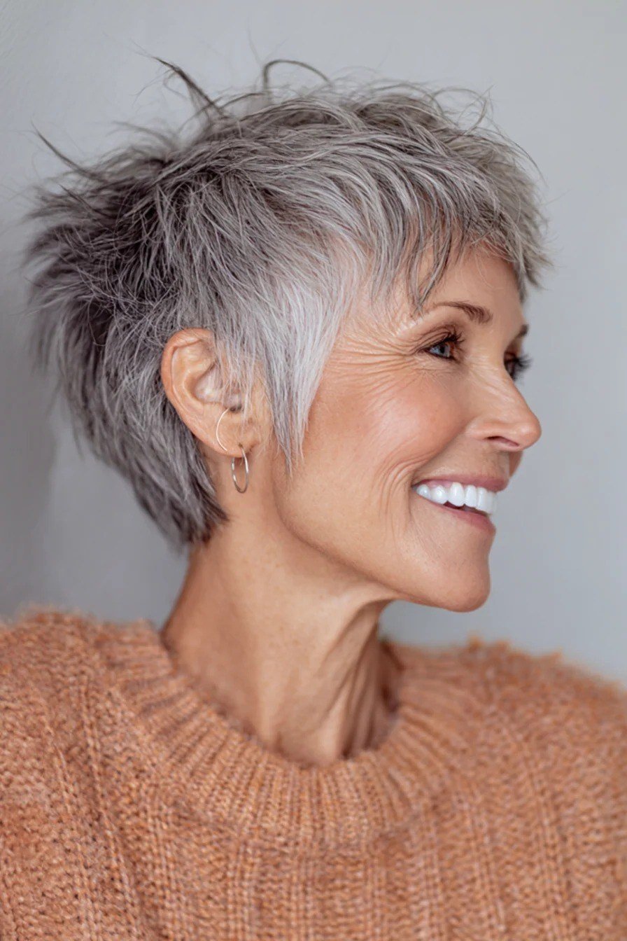 Grey pixie with tapered nape - trendy short haircut for older women with fine hair