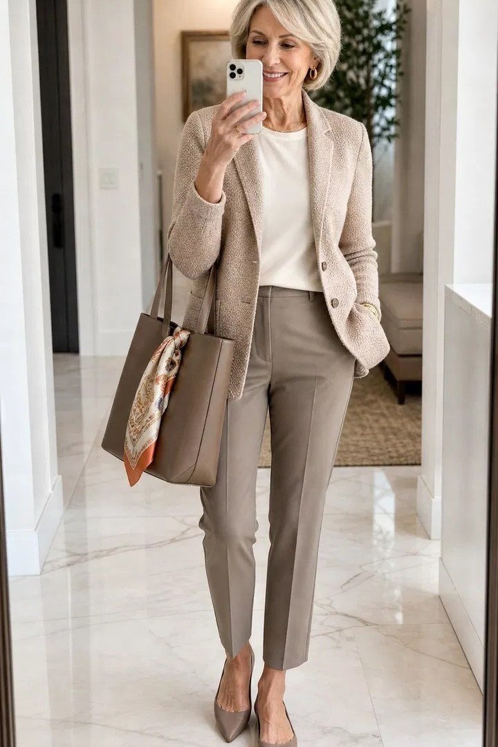 Taupe blazer suit with white top for women over 60