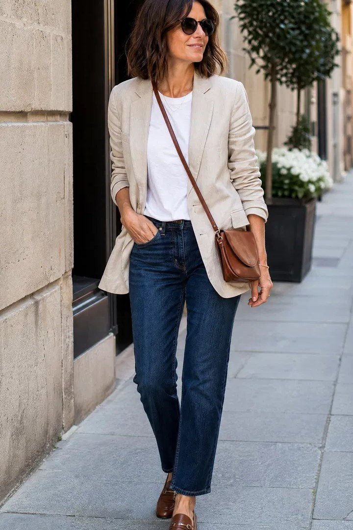 Cream blazer with white top dark jeans and loafers, smart casual outfit for women over 40