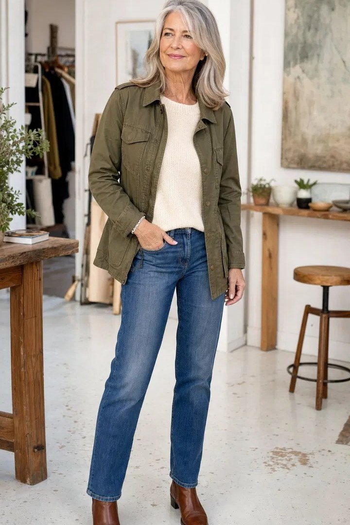Olive Green Utility Jacket With a Cream Top and Blue Jeans, smart casual outfit for women over 50